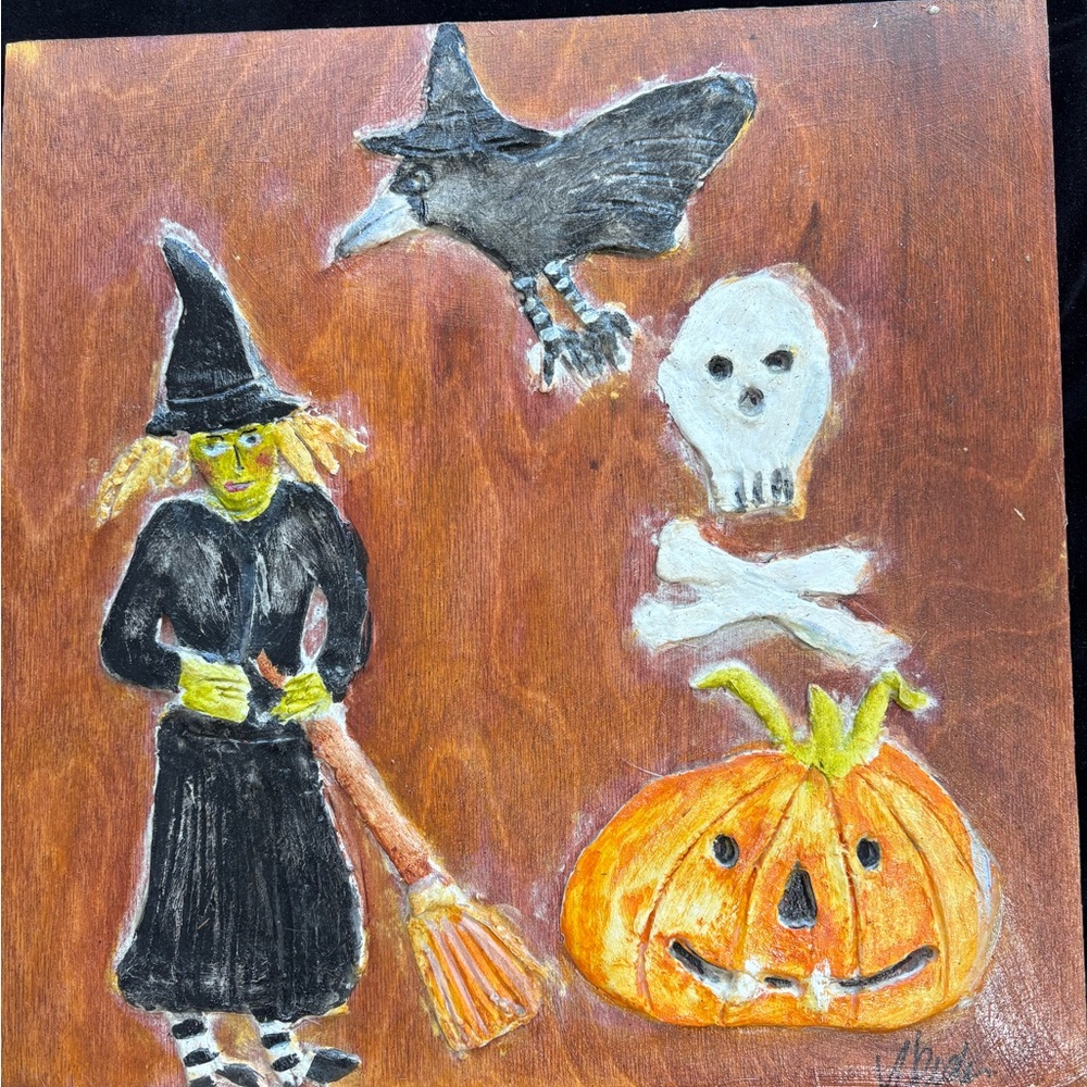 Handmade Original Halloween Paper Clay Art 12”x12” on Wood Witch , Pumpkin &Crow